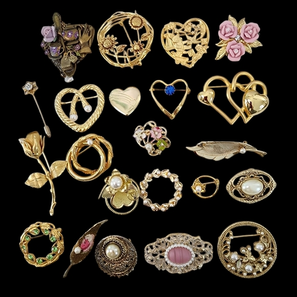 22 vintage brooches brooch gold tone flowers heart faux pearls rose -B14 - Picture 12 of 12